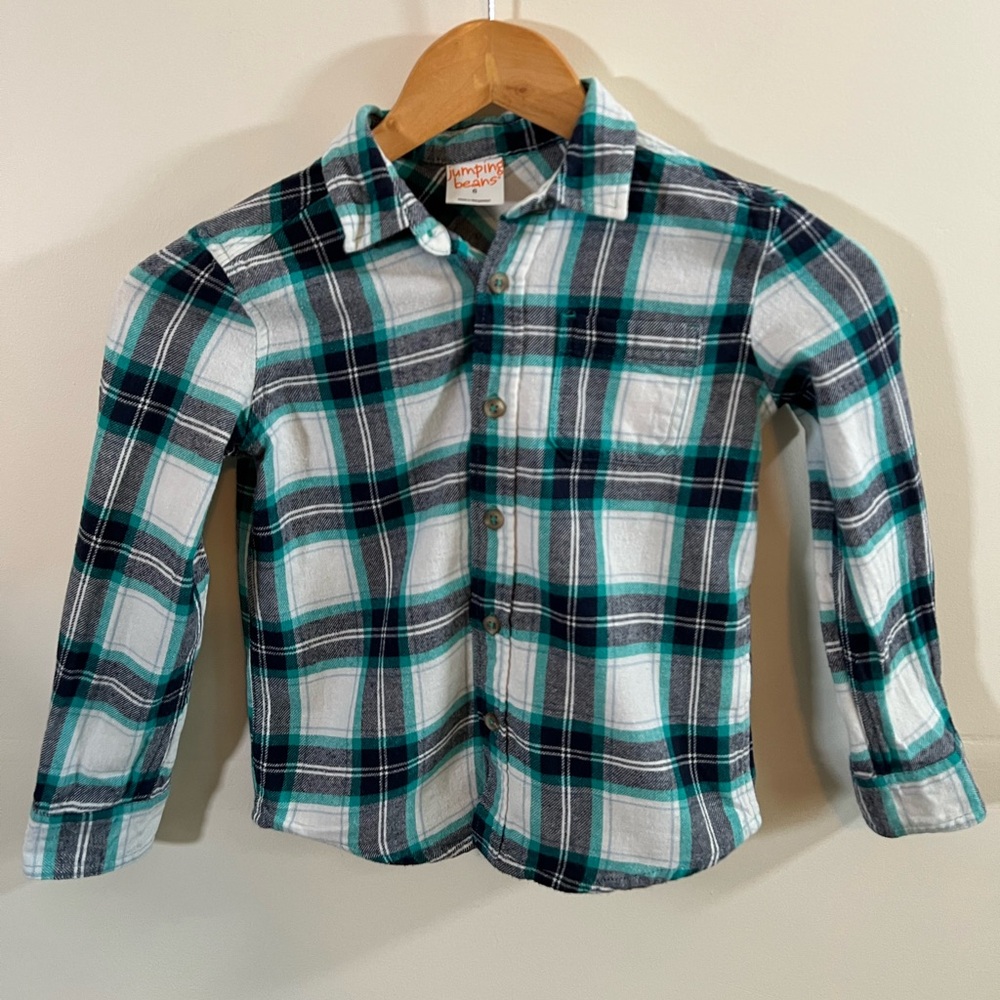 Jumping Beans Boys Plaid Button Up Shirt Size 6 Teal Gray Flannel